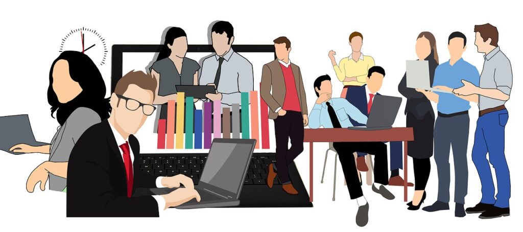 Illustration of office workers engaging in different activities, including using laptops, presenting charts, and discussing documents.