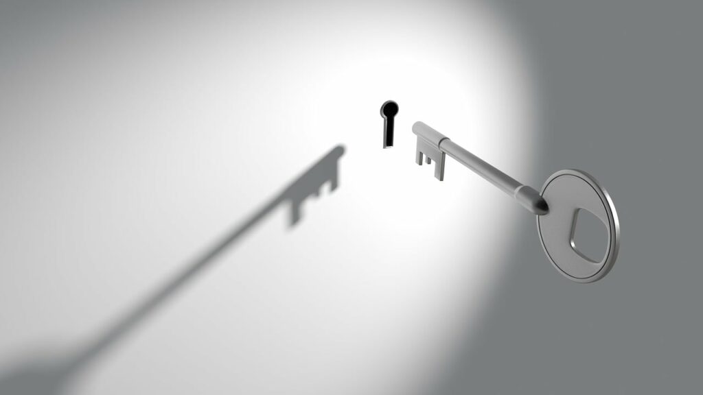 A silver key is inserted into a keyhole on a white background, casting a shadow. The key and shadow are aligned, creating an illusionary effect.