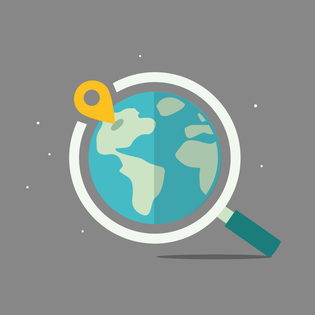 Illustration of a magnifying glass over a globe with a location pin, symbolizing global search or exploration, on a grey background.