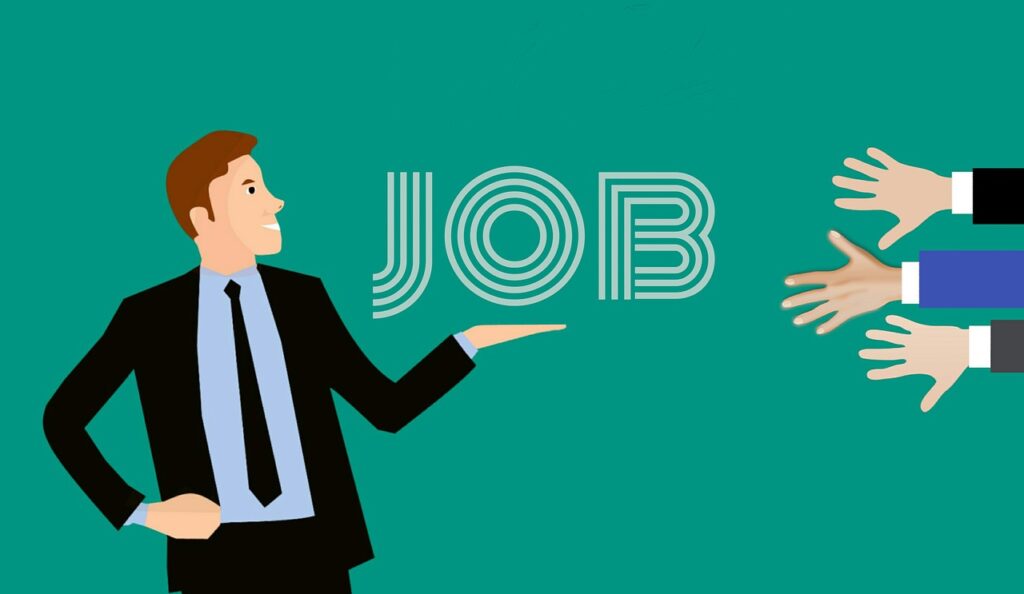 An illustration of a man in a suit presenting the word "JOB" with several hands reaching out towards it on a green background.
